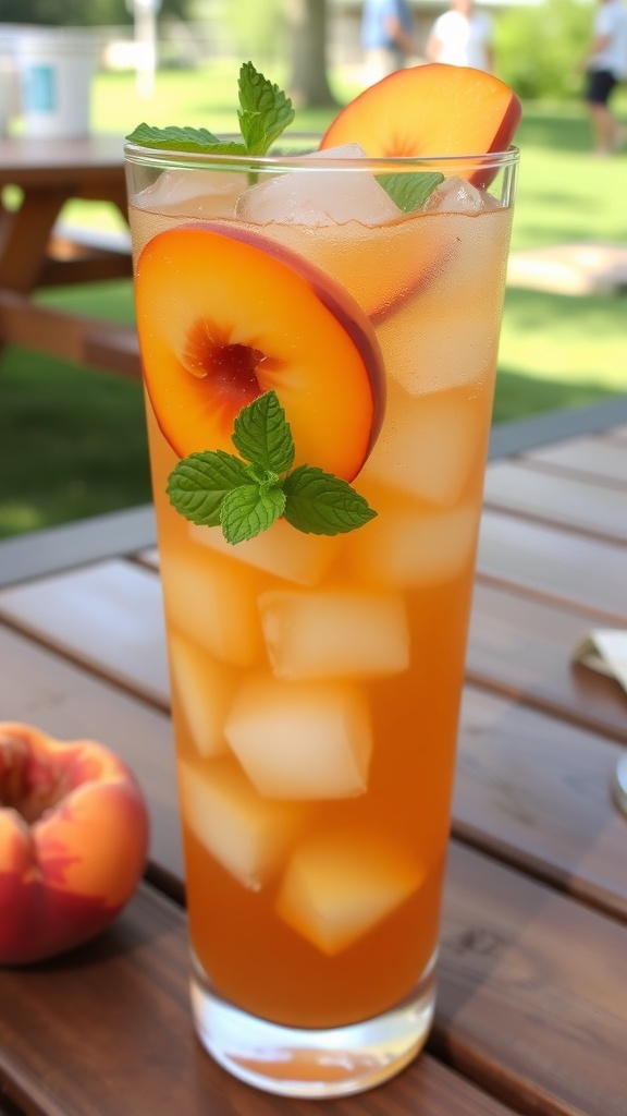 Peach Ginger Iced Tea Recipe A refreshing glass of peach ginger iced tea with peach slices and mint, served on a sunny picnic table.
